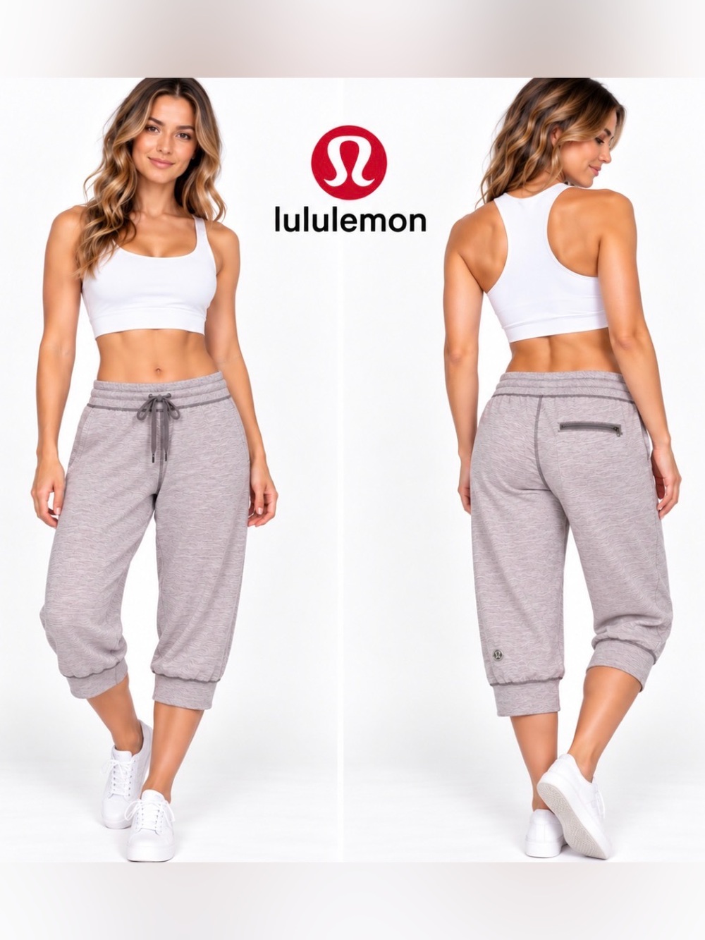 lululemon Low Rise Relaxed Cropped Joggers Heathered Gray Metal Logo Soft Knit 6